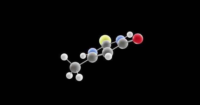 Methylthiouracil molecule, rotating 3D model of antithyroid preparation, looped video on a black background