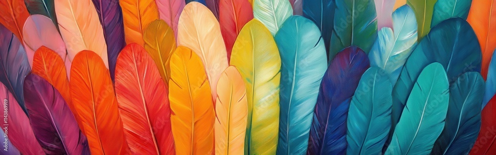 Poster colorful feathers in a vibrant arrangement showcasing a spectrum of shades and textures