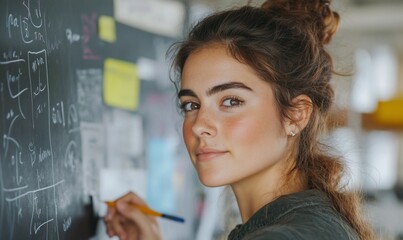 A young woman writing on a blackboard, engaged in study or teaching.