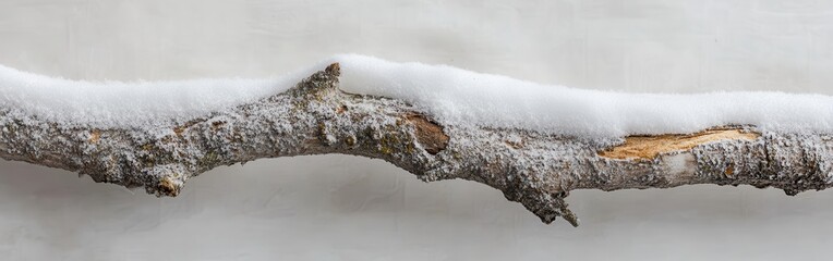 Close-up of a snow-covered branch revealing details of winter in a serene setting
