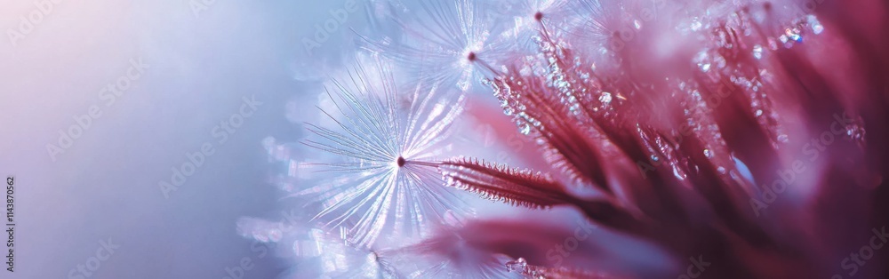 Poster close-up view of a delicate dandelion puff revealing intricate details and luminous textures in soft