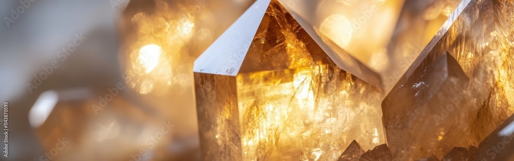 Poster Close-up view of a shimmering crystal showcasing intricate light reflections in soft natural illumination