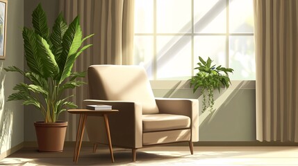 Fototapeta premium A cozy, light-filled corner featuring a beige armchair, green plants, and soft natural light.