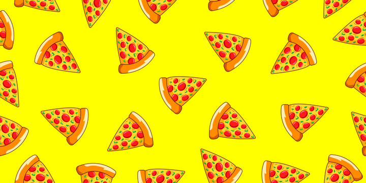 Pizza seamless pattern background. Fast food delicious pizza slice motif cartoon seamless vector illustration