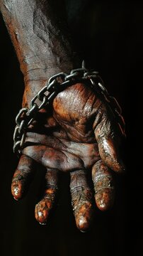 Close-up view of a restrained hand showcasing chains and signs of wear in a dark environment