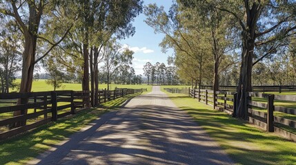 Fototapeta premium Sunlit country lane with trees and fence.