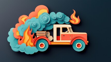 Fire truck illustration with smoke and flames in paper cut style
