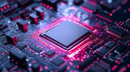 Close-up of a high-tech microchip on a circuit board illuminated with vibrant pink and purple lights.
