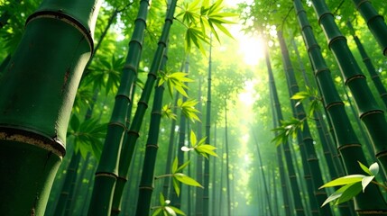 Serene Bamboo Forest Sunlight Filtering Through Lush Green Stalks, Creating a Tranquil Atmosphere