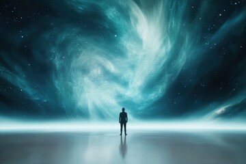 A solitary figure gazes at a vast, ethereal cosmos filled with swirling clouds, stars, and mysterious light, evoking a sense of wonder and contemplation in the universe.