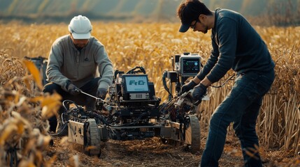 Two engineers inspect a small agricultural robot in a field.