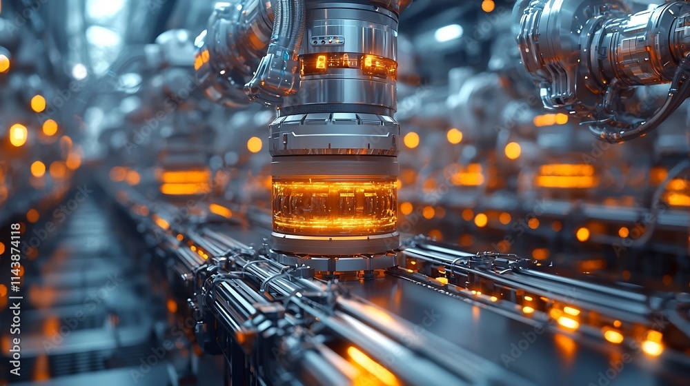 Poster futuristic factory robots manage sustainable resource allocation and production optimization