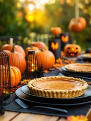 Rustic autumn dining table with pumpkins and pie outdoor setting