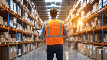 Logistics checklist warehouse concept. A warehouse worker wearing an orange vest surveys the aisles filled with boxes, using a tablet for inventory management.