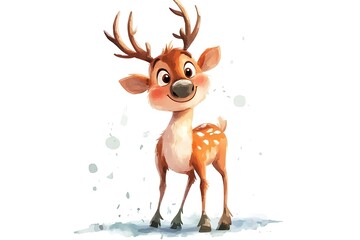 watercolor illustration of a cartoon reindeer on a white background
