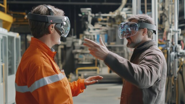Two engineers wearing VR headsets collaborate in a factory. - Powered by Adobe