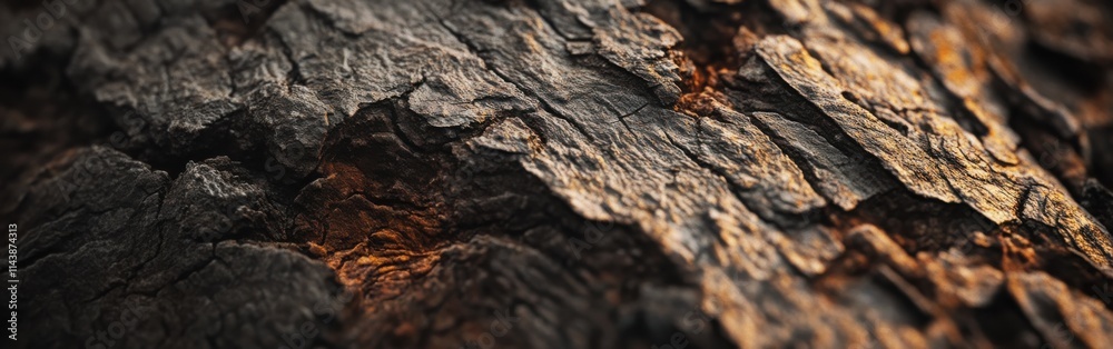 Poster detailed close-up view of textured rough tree bark showcasing natural patterns and colors in sunligh