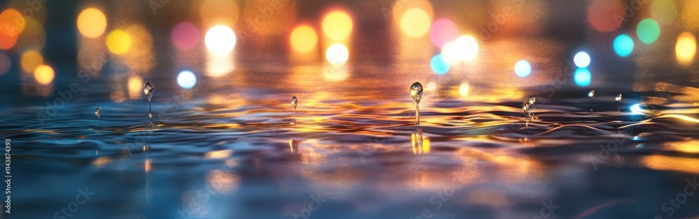 Aufkleber Close-up captures rain droplets creating ripples in illuminated water surface during a serene evening