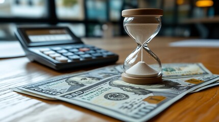 An hourglass on money symbolizes the value of time in financial decisions.