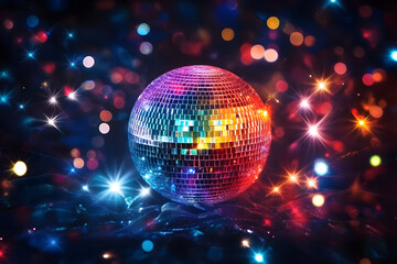 Obraz premium Disco or mirror ball with rainbow on colorful dark background with lights and sparcles. Music and dance party background. Trendy party symbol. Abstract retro 80s and 90s concept