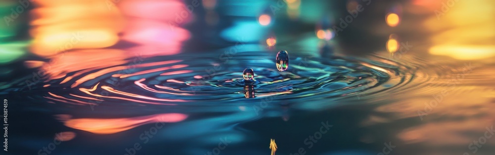 Poster close-up capture of rain droplets creating ripples on water surface during evening light