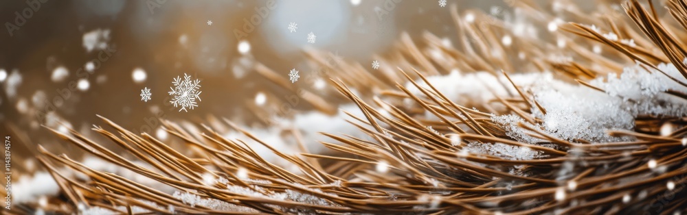 Aufkleber snow-covered pine needles create a tranquil winter atmosphere in the forest during a gentle snowfall
