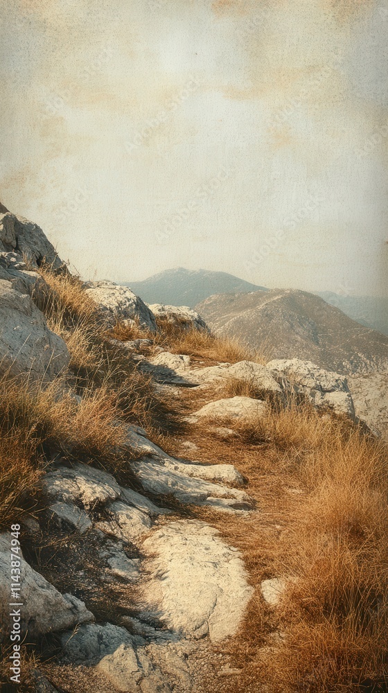 Aufkleber textured rocky terrain under soft light with dry grass and distant mountains in the background