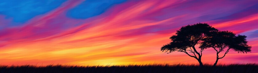 Obraz premium A breathtaking sunset paints the sky in vibrant reds and oranges, silhouetting two trees against a serene landscape.