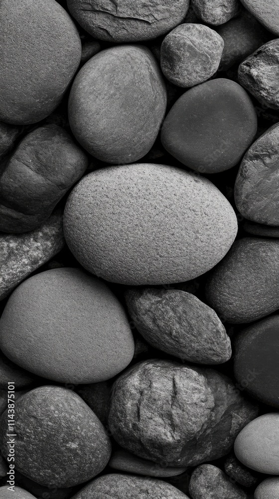 Aufkleber smooth pebbles of various shapes and textures arranged on a dark surface during a tranquil afternoon