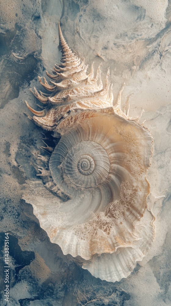 Poster Close-up view of a beautifully textured seashell showcasing intricate patterns against a soft background