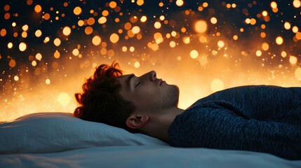 Man sleeping in bed with floating glow particles bedroom digital art