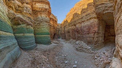 Colorful Rock Formations in a Unique Canyon with Striking Stratified Layers basking in Golden Hour Light, Showcasing Nature's Artistry and Geological Wonders
