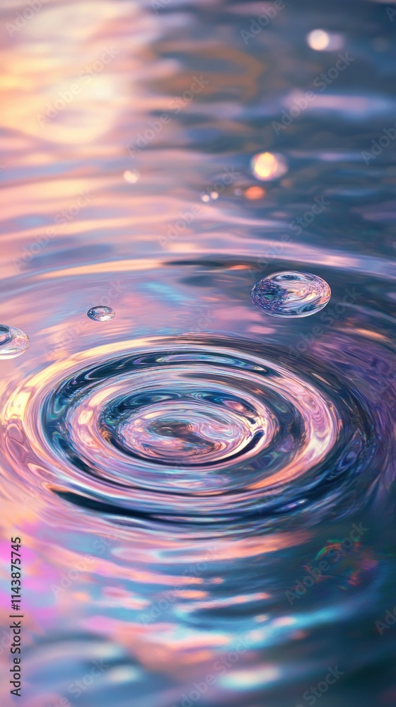 Poster softly illuminated water surface with circular ripples reflecting gentle hues at dusk