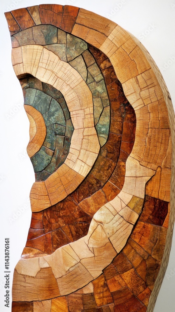Poster cross-section of a tree displaying intricate growth rings and textures in natural wood colors