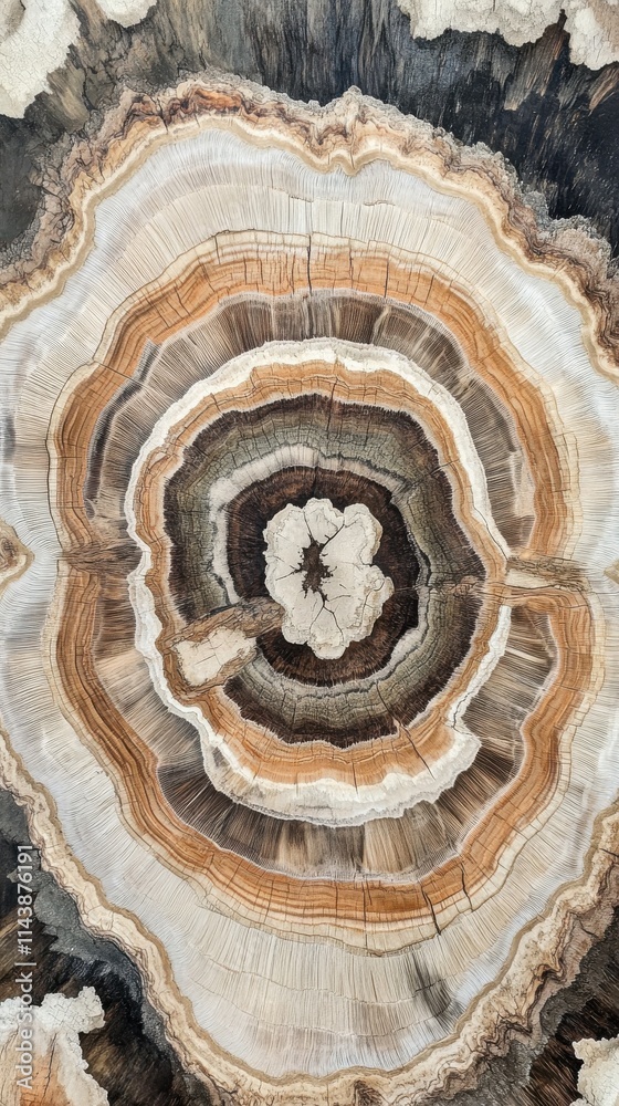 Poster cross-section of a tree showcasing intricate growth rings and unique patterns of wood grain and colo