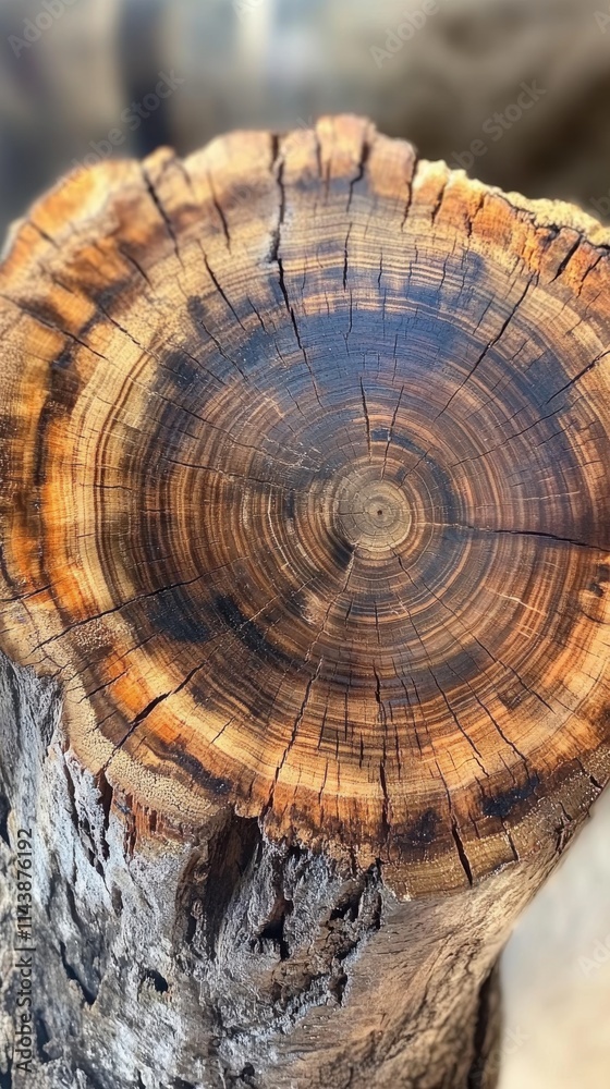 Poster cross-section of a tree stump revealing growth rings and natural textures in a rustic setting