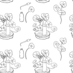 Centella asiatica essential oils on wooden stand black white vector seamless pattern isolated. Pennywort medicinal plants and serum bottle hand drawn monochrome linear sketch on repeated background.