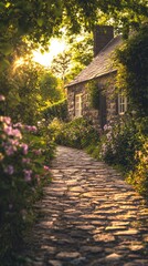 Fototapeta premium Cobblestone path to countryside cottage with flower beds and hedges