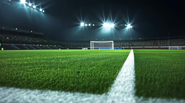 Brightly lit football stadium field with goal post under night sky and cheering crowd from sidelines