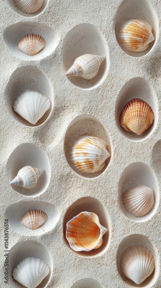 Poster geometric arrangement of seashells in a sandy texture showcasing unique shapes and colors near a coa