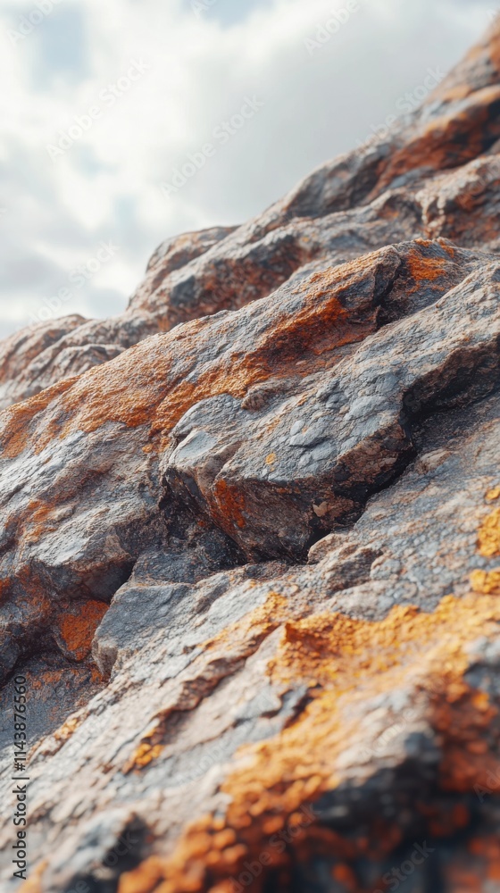 Poster detailed macrophotograph capturing the texture and colors of a rocky mountain surface illuminated by