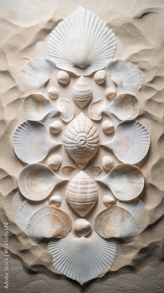 Poster geometric arrangement of seashells on sand creating a natural art display in a beach setting