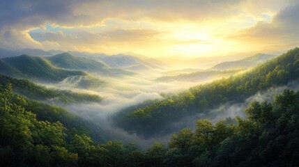 Fototapeta premium A serene landscape of misty hills illuminated by a soft sunrise, showcasing lush greenery and rolling terrain under a dramatic sky.