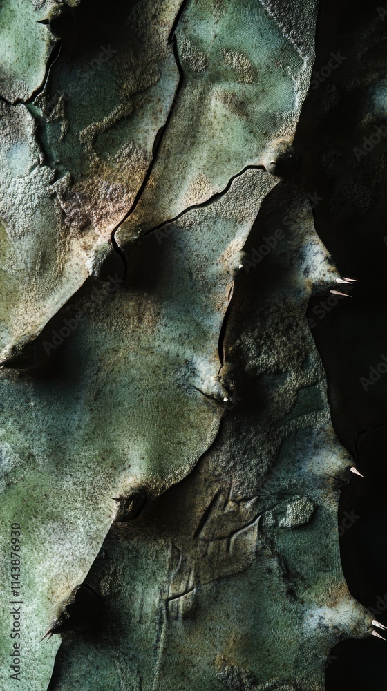 Poster macrophotograph captures intricate details of a cactus surface highlighting textures and natural pat