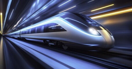 High-speed train speeding through illuminated tunnel.