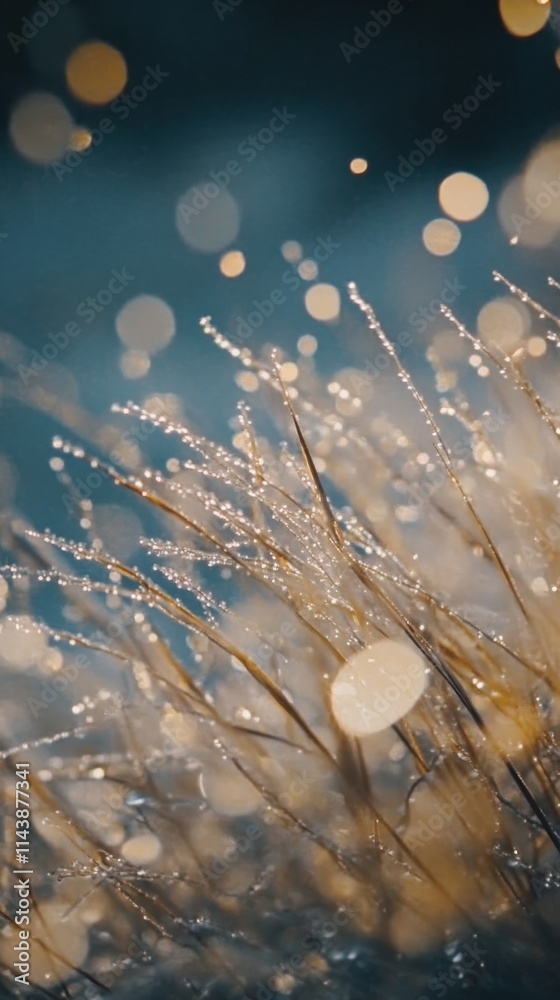 Poster dew drops glisten on grass blades in early morning light creating a mesmerizing macro view of nature