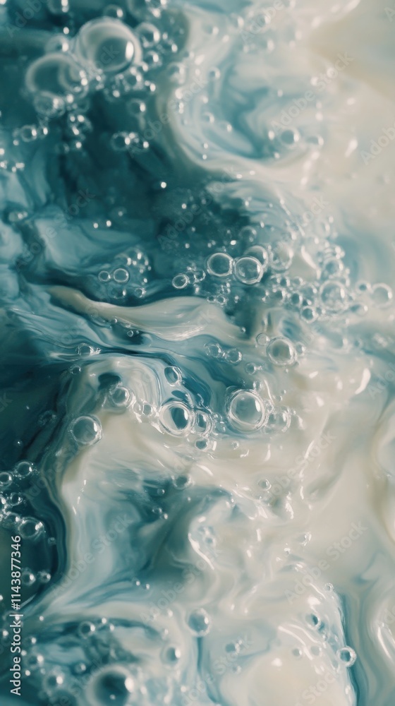 Poster Close-up view of flowing water with tiny bubbles creating an enchanting texture and movement in nature