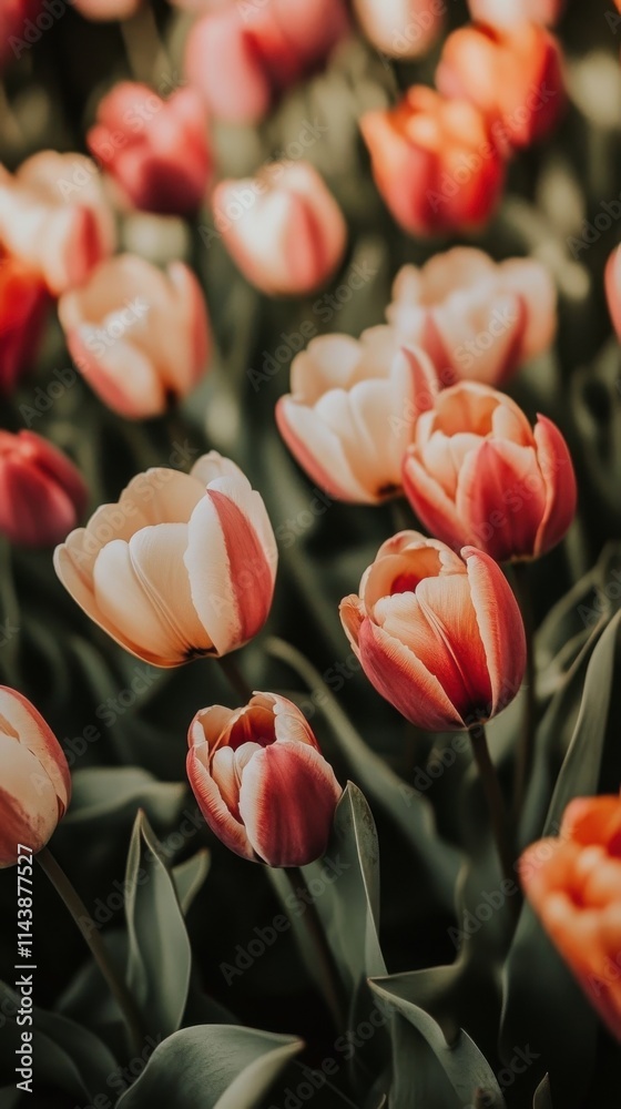 Poster blooming tulips in a vibrant display during the spring season in a beautiful garden setting