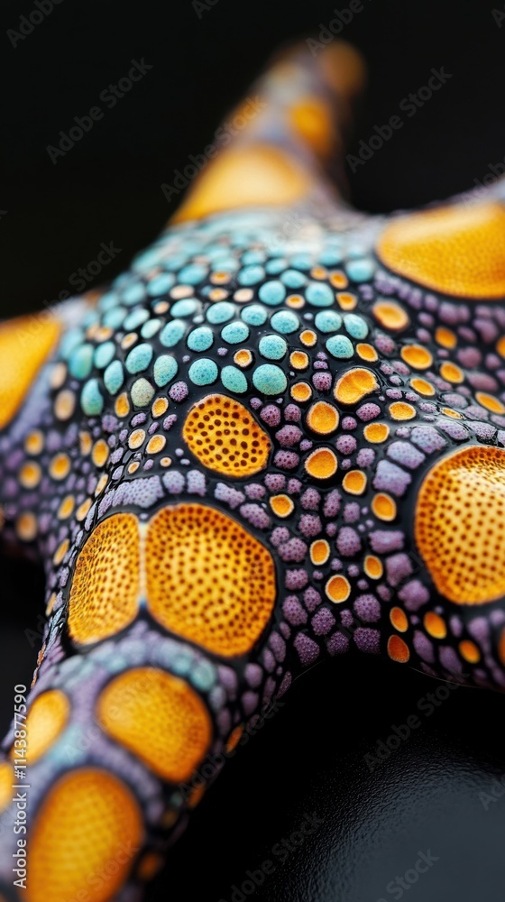 Poster macro shot of a vibrant starfish highlighting its intricate patterns and vivid colors in a natural h