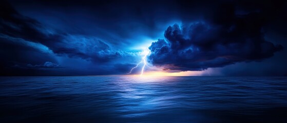 A dramatic seascape showcases dark clouds illuminated by lightning, creating a striking contrast against the calm ocean surface at dusk.